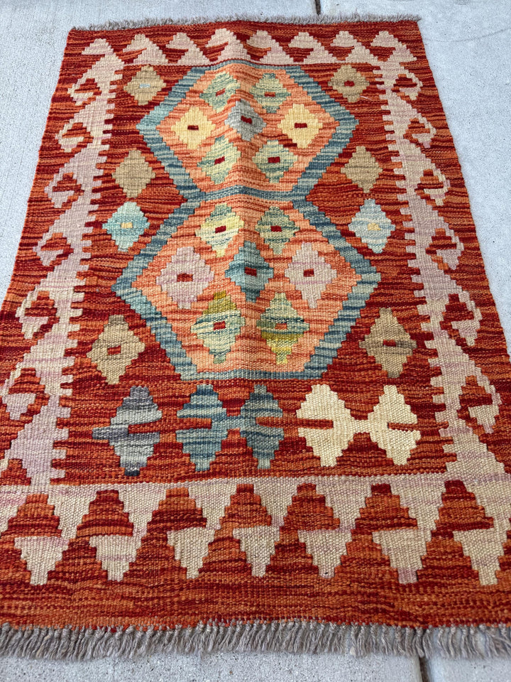 2x3 Handmade Afghan Kilim Rug | Burnt Orange Salmon Tan Charcoal Light Grey Chocolate Brown Cream Beige Teal Olive Green | Wool Flatwoven