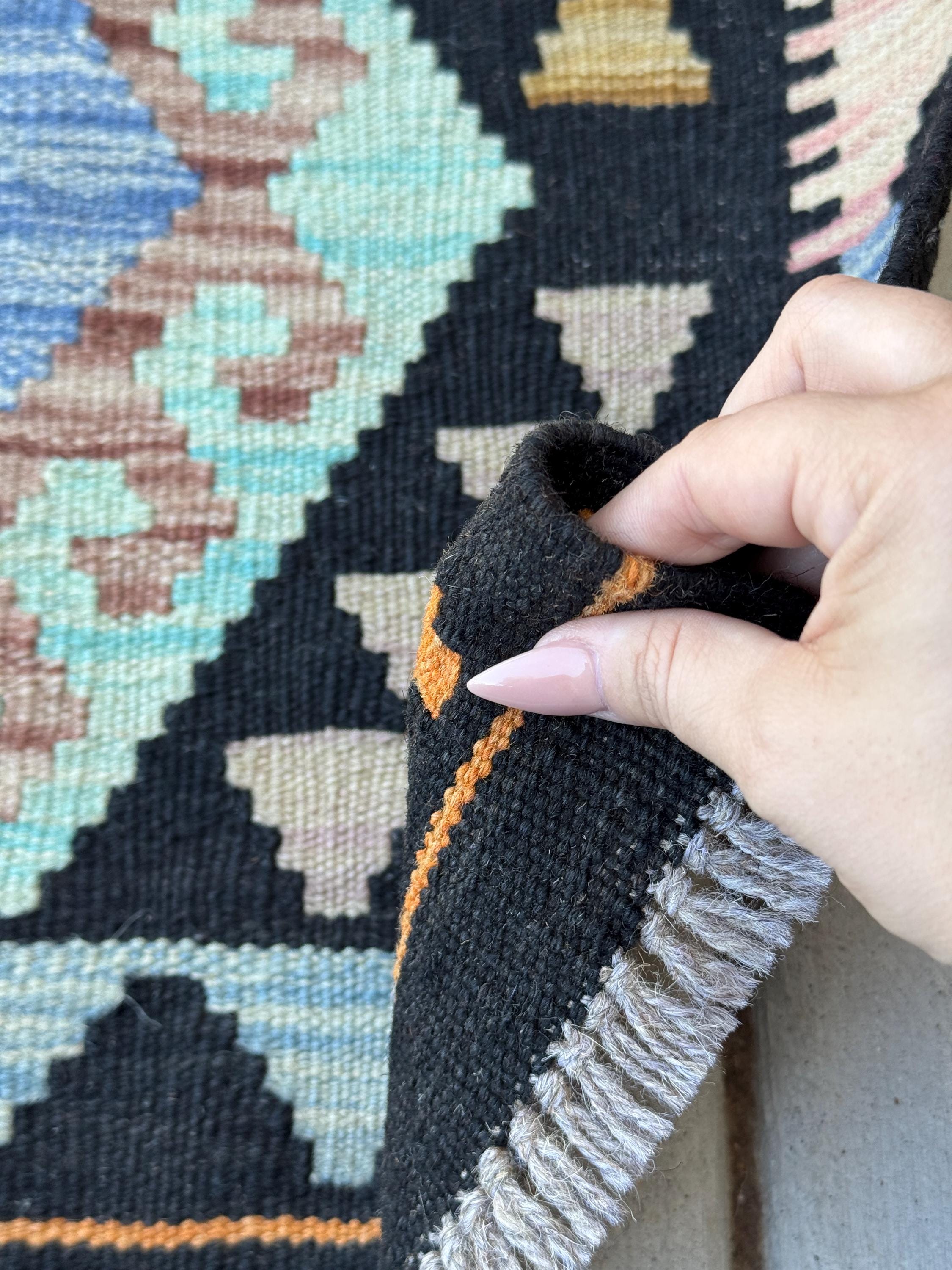 2x3 Handmade Afghan Kilim Rug | Black Orange Aqua Denim Blue Copper Brown Purple Moss Olive Green | Wool Flatwoven