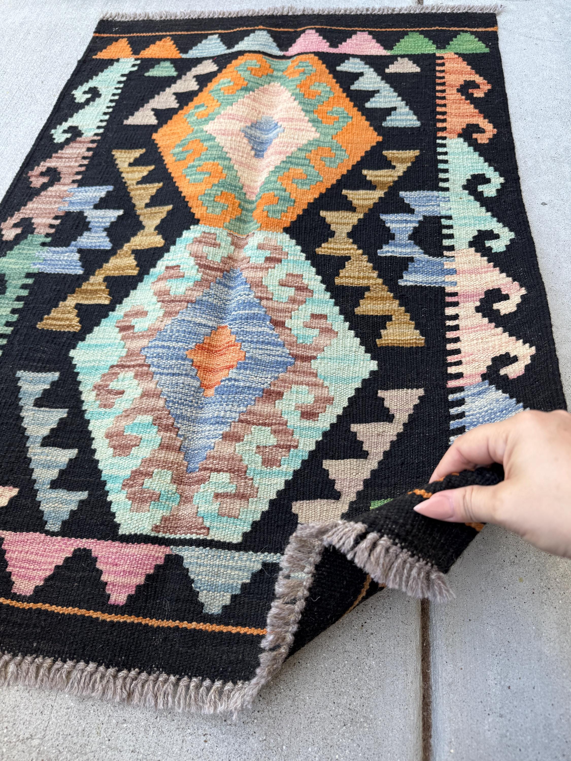 2x3 Handmade Afghan Kilim Rug | Black Orange Aqua Denim Blue Copper Brown Purple Moss Olive Green | Wool Flatwoven