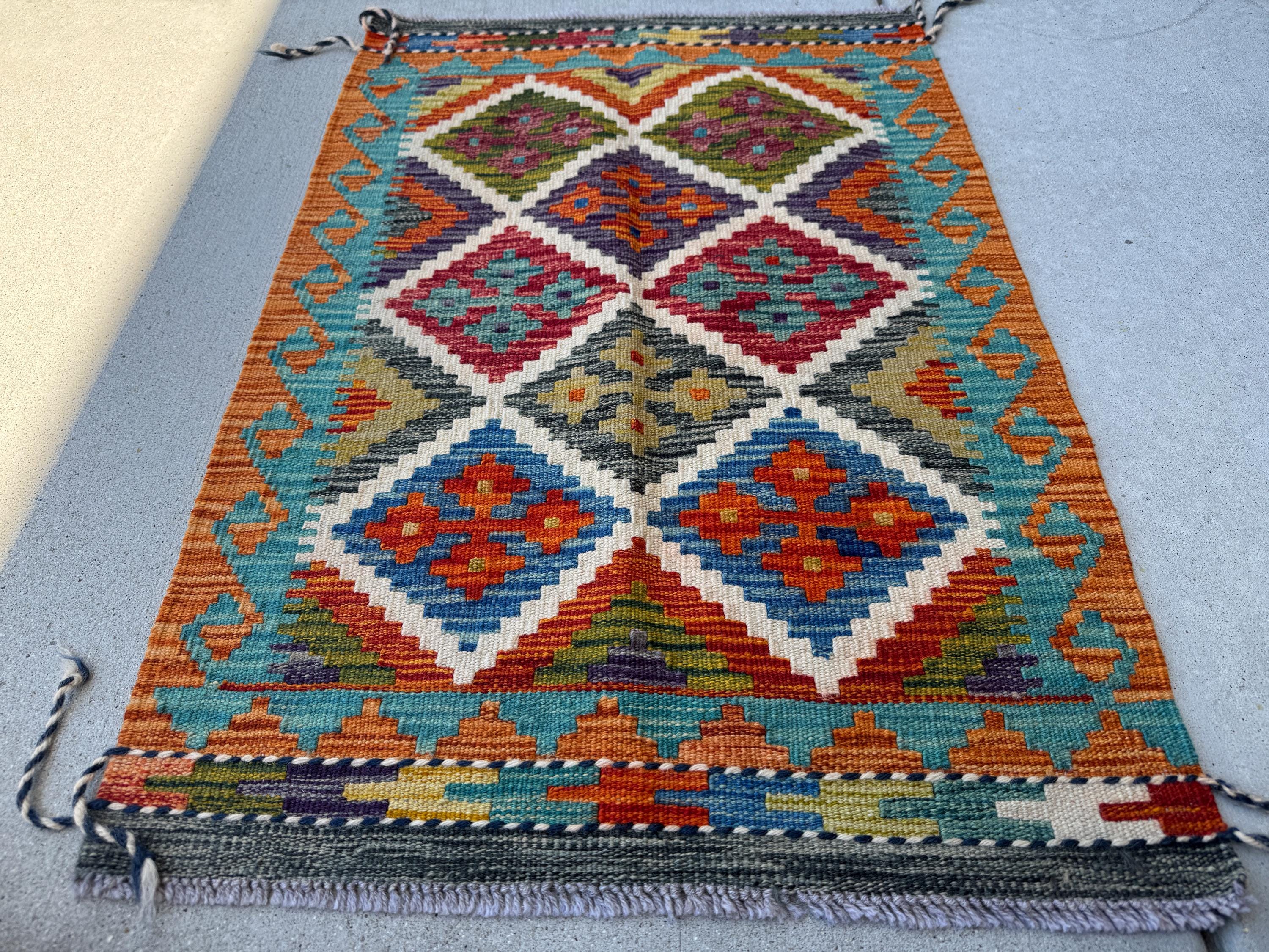 2x3 Handmade Afghan Kilim Rug | Cream White Indigo Aqua Teal Burnt Orange Olive Moss Green Charcoal Grey Mustard Yellow Maroon | Flatwoven