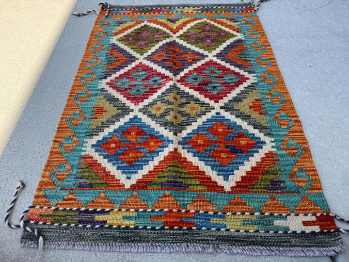 2x3 Handmade Afghan Kilim Rug | Cream White Indigo Aqua Teal Burnt Orange Olive Moss Green Charcoal Grey Mustard Yellow Maroon | Flatwoven
