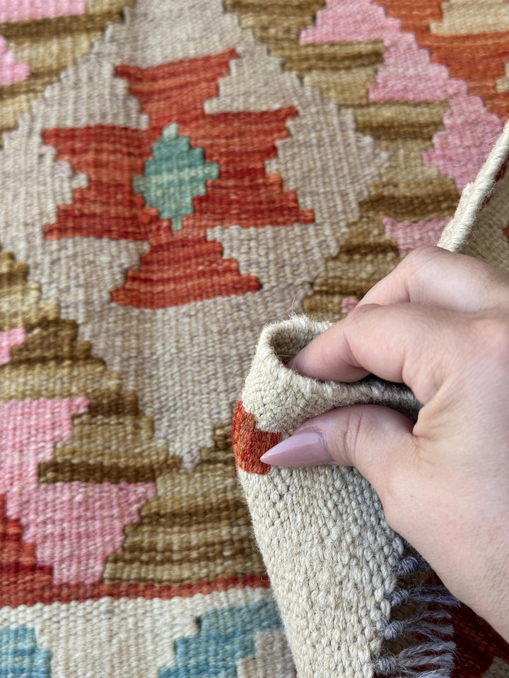2x4 Handmade Afghan Kilim Rug | Cream Beige White Rust Red Burnt Orange Chocolate Tan Rose Salmon Pink Grey Sky Blue Tea | Wool Flatwoven