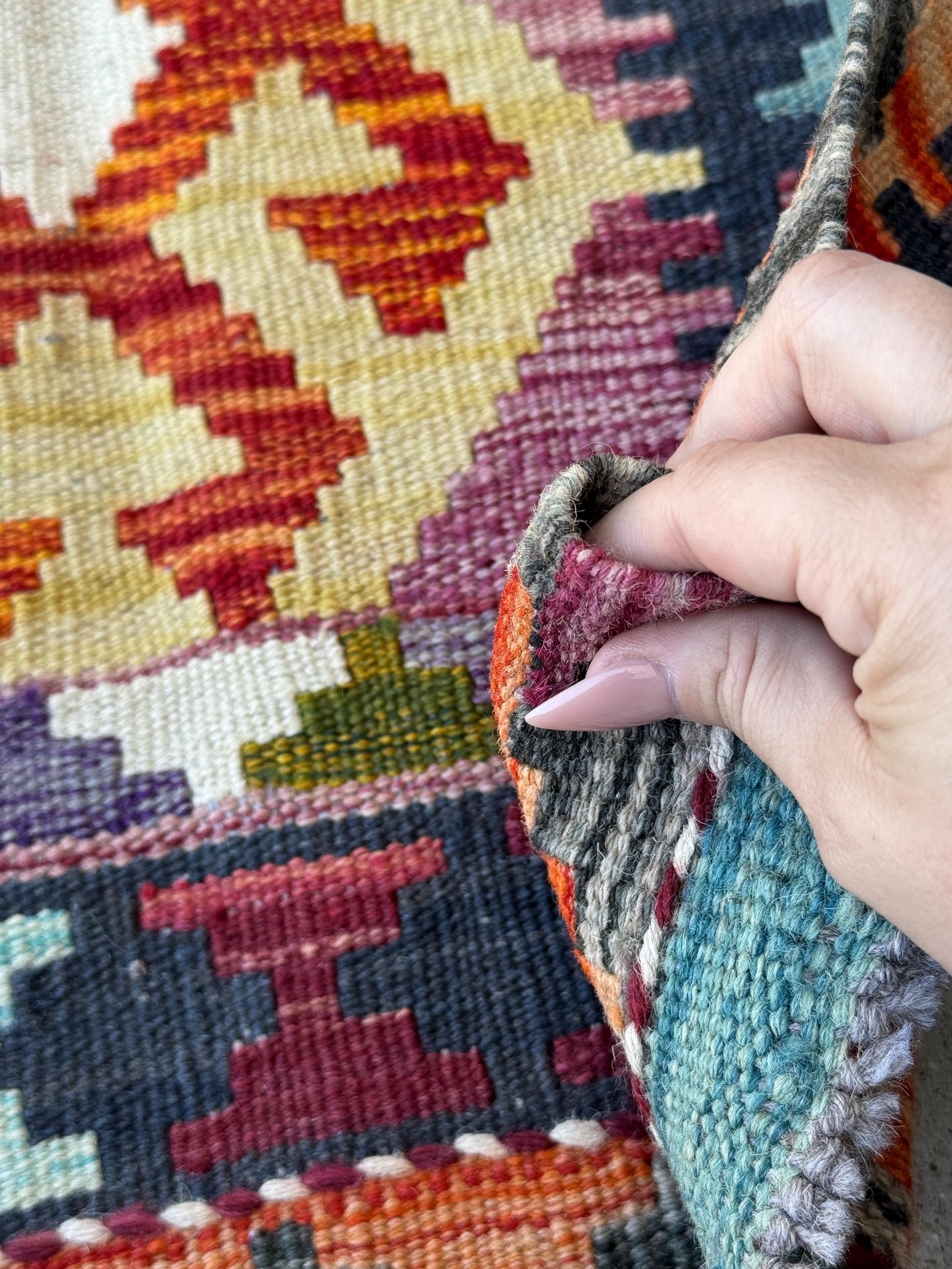 2x3 Handmade Afghan Kilim Rug | Burnt Orange Black Blood Reust Red Mustard Yellow Aqua Teal Charcoal Grey Cream White Olive Moss Green