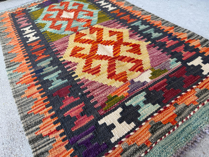 2x3 Handmade Afghan Kilim Rug | Burnt Orange Black Blood Reust Red Mustard Yellow Aqua Teal Charcoal Grey Cream White Olive Moss Green