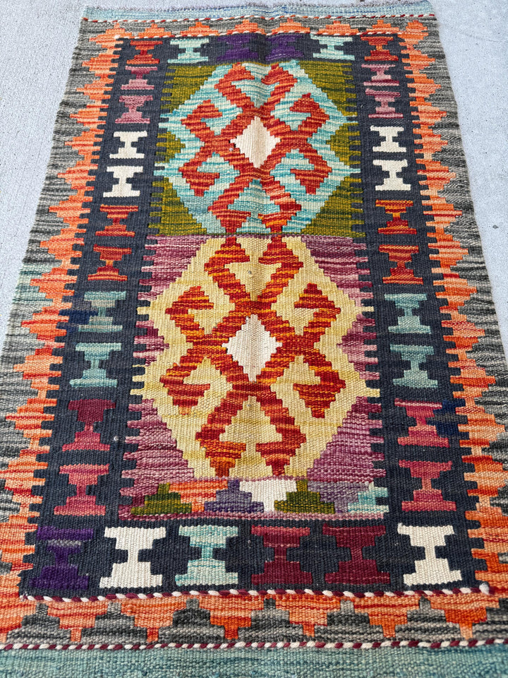 2x3 Handmade Afghan Kilim Rug | Burnt Orange Black Blood Reust Red Mustard Yellow Aqua Teal Charcoal Grey Cream White Olive Moss Green