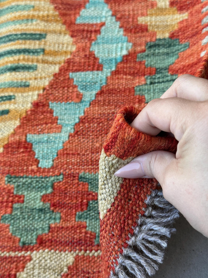 2x3 Handmade Afghan Kilim Rug | Rust Red Mustard Yellow Gold Pine Green Grey Tan Aqua Teal | Wool Flatwoven