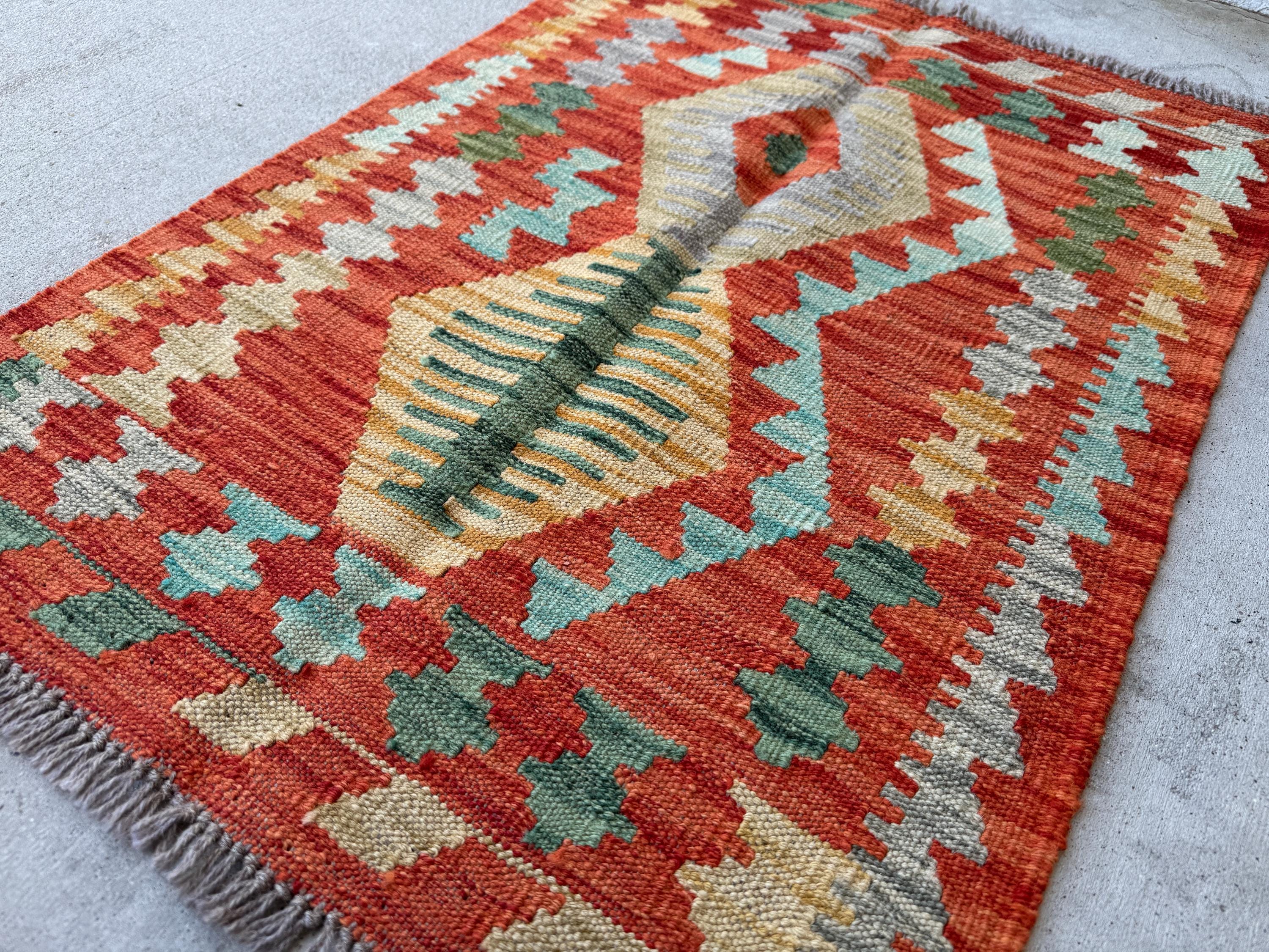 2x3 Handmade Afghan Kilim Rug | Rust Red Mustard Yellow Gold Pine Green Grey Tan Aqua Teal | Wool Flatwoven