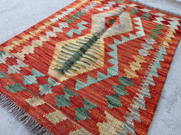 2x3 Handmade Afghan Kilim Rug | Rust Red Mustard Yellow Gold Pine Green Grey Tan Aqua Teal | Wool Flatwoven