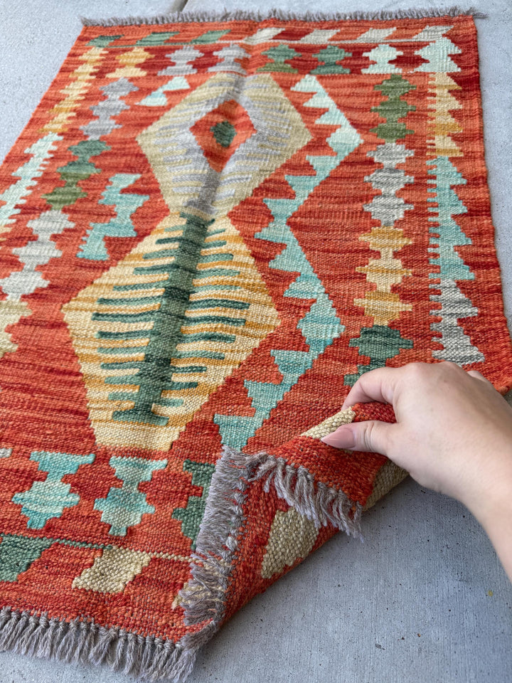 2x3 Handmade Afghan Kilim Rug | Rust Red Mustard Yellow Gold Pine Green Grey Tan Aqua Teal | Wool Flatwoven