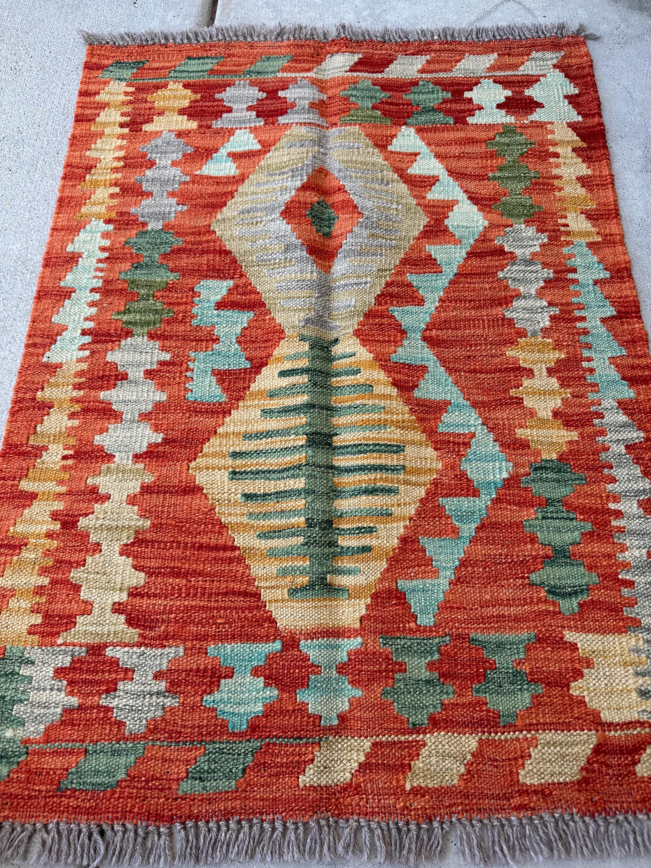 2x3 Handmade Afghan Kilim Rug | Rust Red Mustard Yellow Gold Pine Green Grey Tan Aqua Teal | Wool Flatwoven