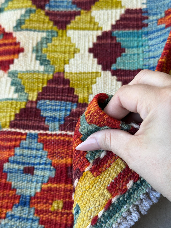 2x3 Handmade Afghan Kilim Rug | Burnt Orange Rust Red Cream White Beige Maroon Aqua Teal Olive Green Mustard Yellow Denim Blue | Flatwoven