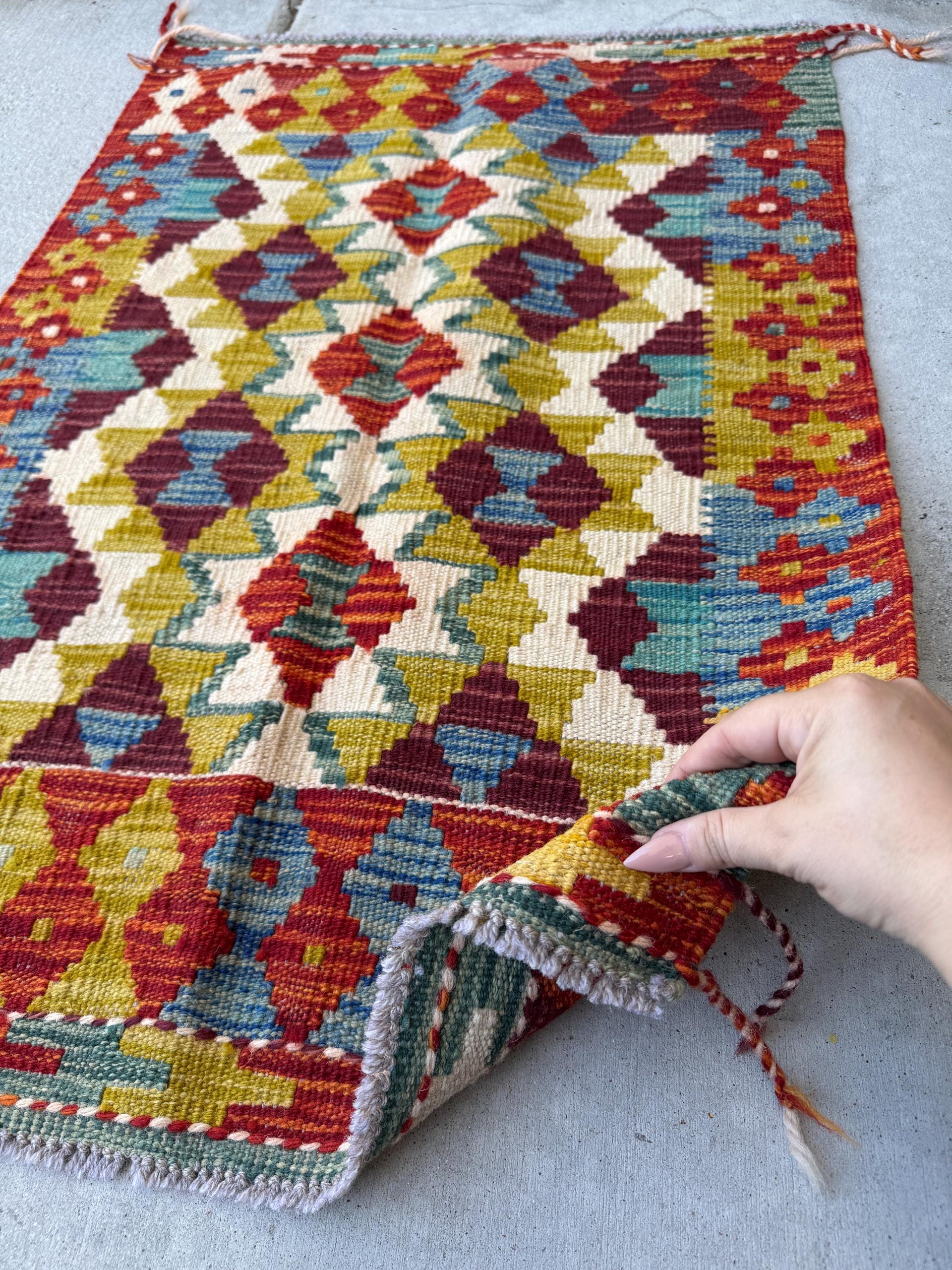 2x3 Handmade Afghan Kilim Rug | Burnt Orange Rust Red Cream White Beige Maroon Aqua Teal Olive Green Mustard Yellow Denim Blue | Flatwoven