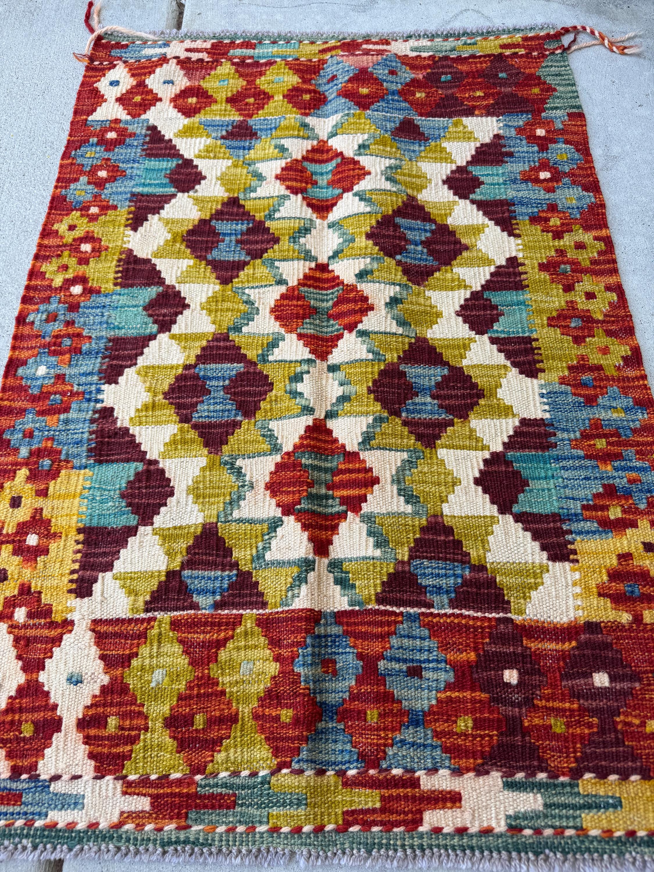 2x3 Handmade Afghan Kilim Rug | Burnt Orange Rust Red Cream White Beige Maroon Aqua Teal Olive Green Mustard Yellow Denim Blue | Flatwoven