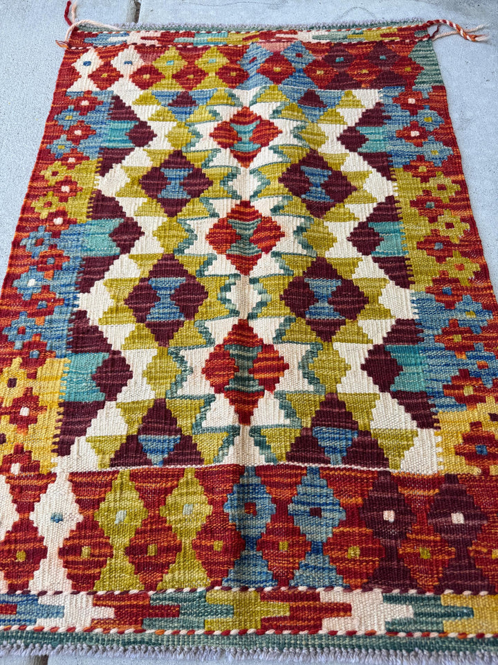2x3 Handmade Afghan Kilim Rug | Burnt Orange Rust Red Cream White Beige Maroon Aqua Teal Olive Green Mustard Yellow Denim Blue | Flatwoven