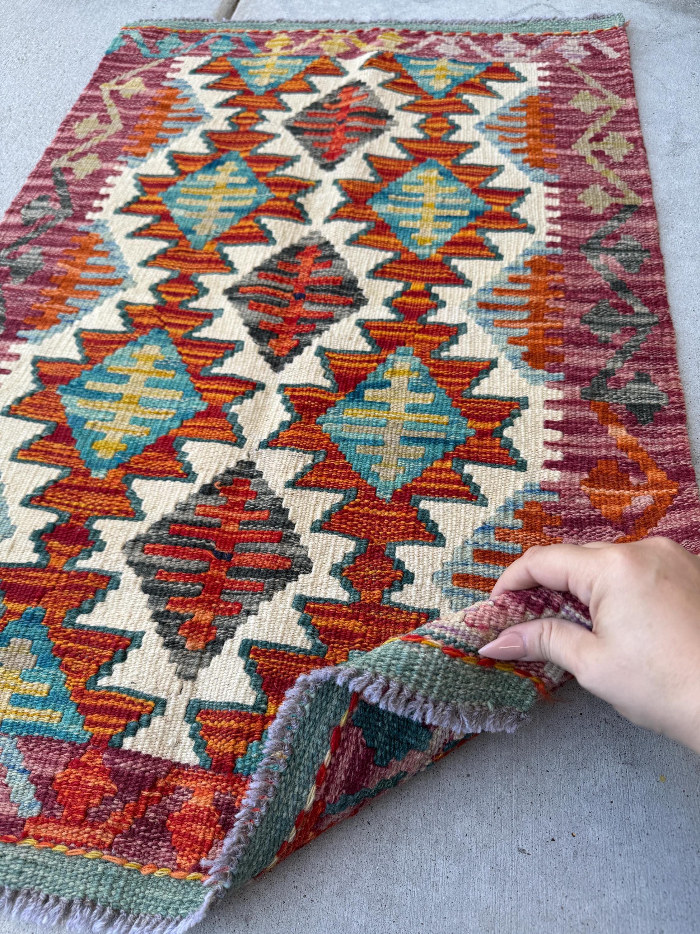 2x3 Handmade Afghan Kilim Rug | Burnt Orange Rust Red Teal Aqua Charcoal Grey Cream White Beige Tan Olive Green Denim Blue | Wool Flatwoven