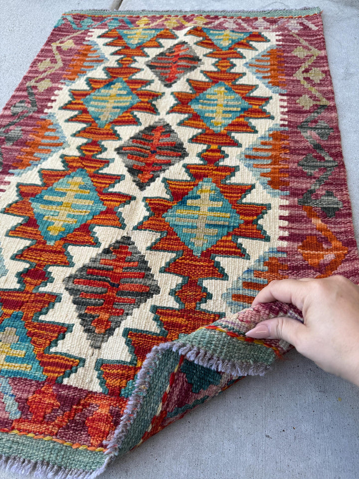 2x3 Handmade Afghan Kilim Rug | Burnt Orange Rust Red Teal Aqua Charcoal Grey Cream White Beige Tan Olive Green Denim Blue | Wool Flatwoven