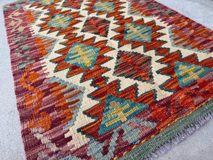 2x3 Handmade Afghan Kilim Rug | Burnt Orange Rust Red Teal Aqua Charcoal Grey Cream White Beige Tan Olive Green Denim Blue | Wool Flatwoven