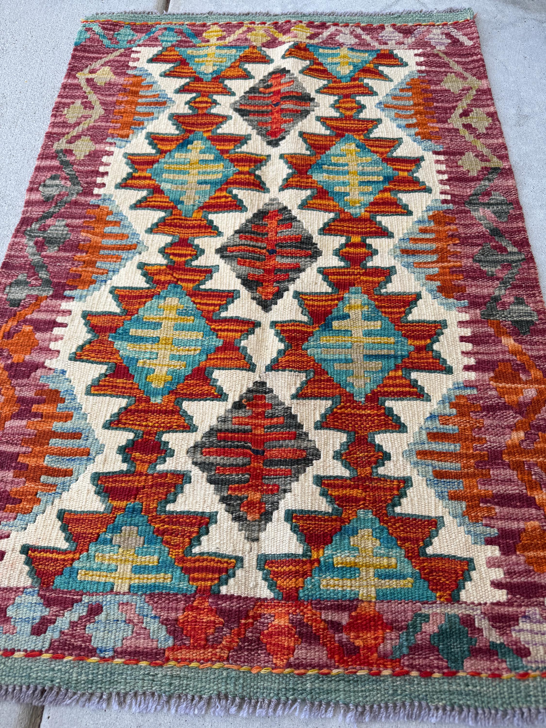 2x3 Handmade Afghan Kilim Rug | Burnt Orange Rust Red Teal Aqua Charcoal Grey Cream White Beige Tan Olive Green Denim Blue | Wool Flatwoven