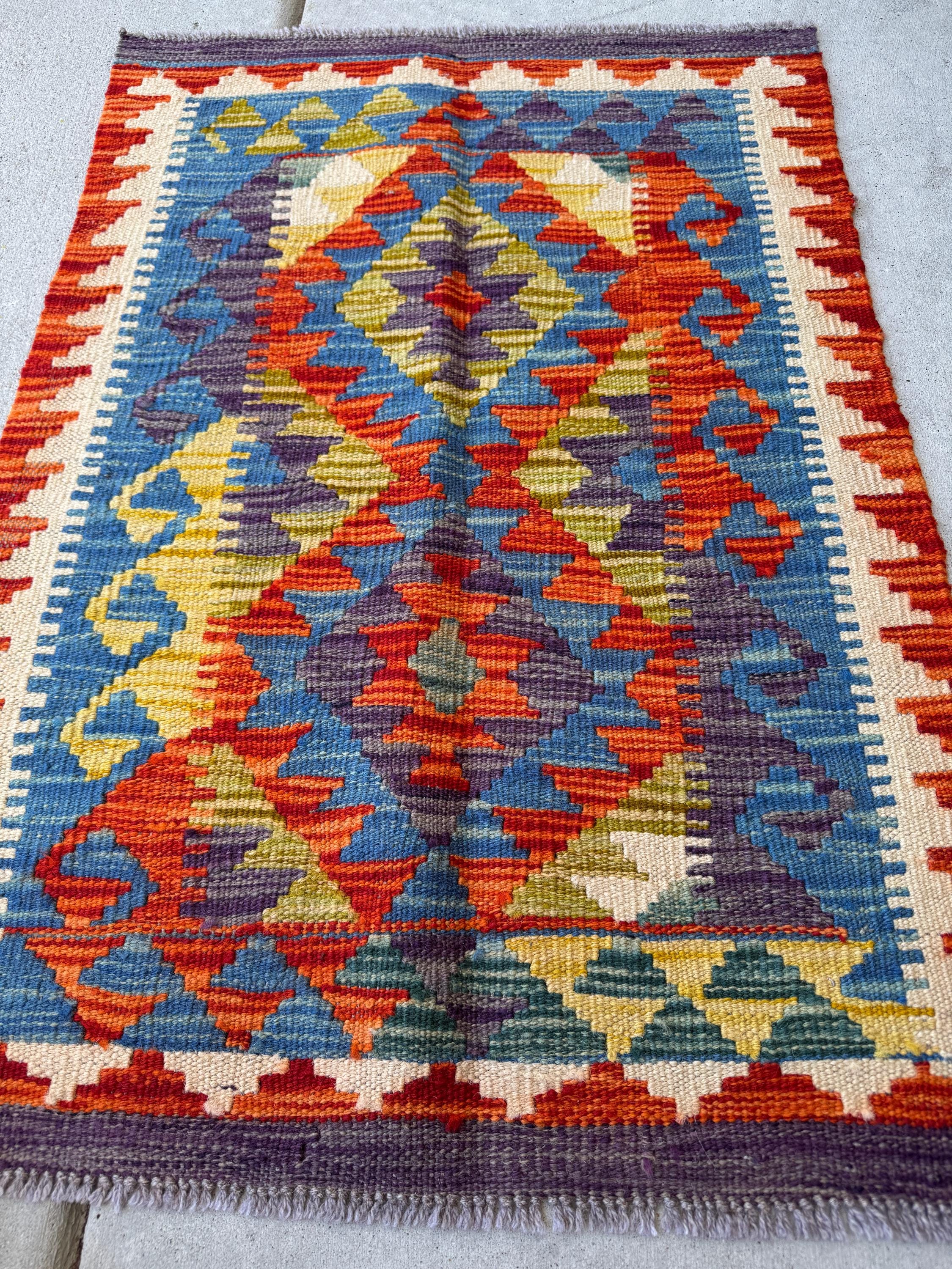 2x3 Handmade Afghan Kilim Rug | Denim Blue Olive Moss Green Mustard Yellow Gold Charcoal Grey Burnt Orange Cream White Beige Teal | Wool