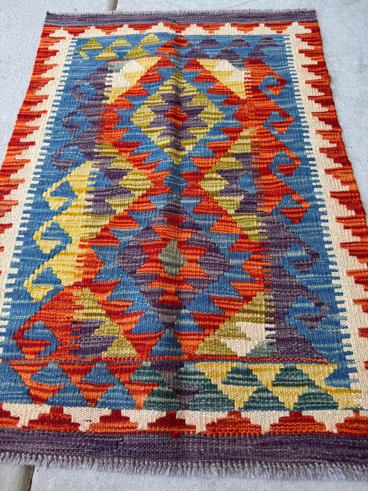 2x3 Handmade Afghan Kilim Rug | Denim Blue Olive Moss Green Mustard Yellow Gold Charcoal Grey Burnt Orange Cream White Beige Teal | Wool