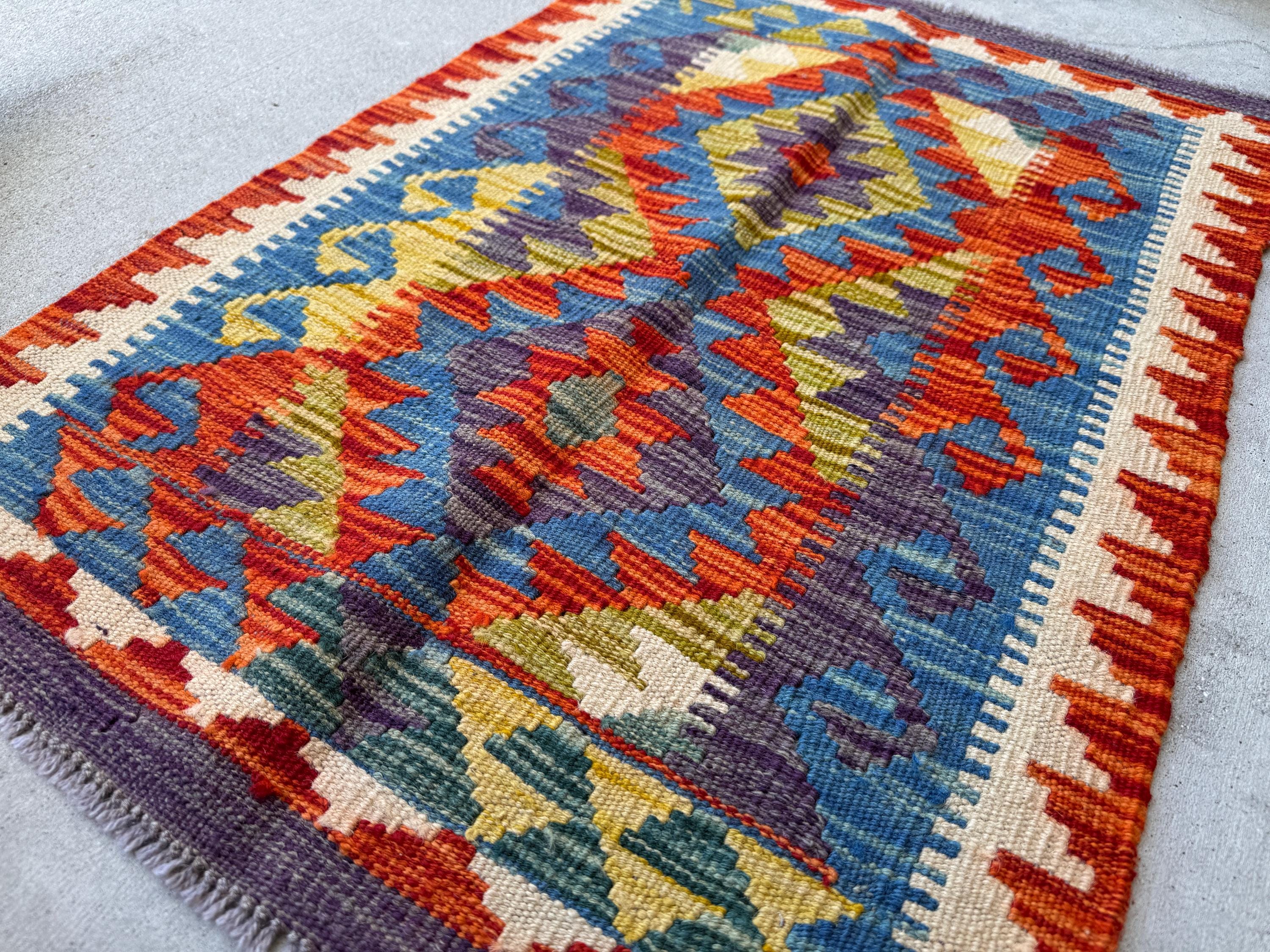 2x3 Handmade Afghan Kilim Rug | Denim Blue Olive Moss Green Mustard Yellow Gold Charcoal Grey Burnt Orange Cream White Beige Teal | Wool