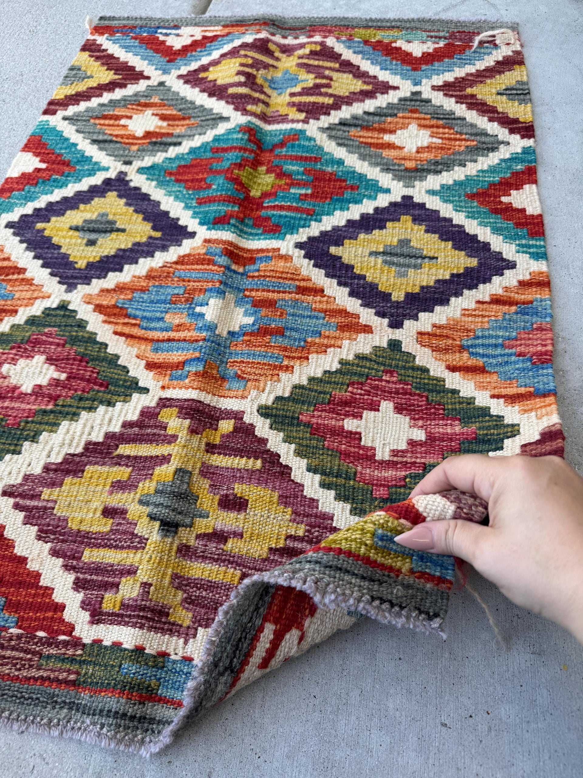 2x3 Handmade Afghan Kilim Rug | Cream Beige White Burnt Orange Moss Green Maroon Rust Red Teal Aqua Mustard Yellow Charcoal Grey Denim Blue