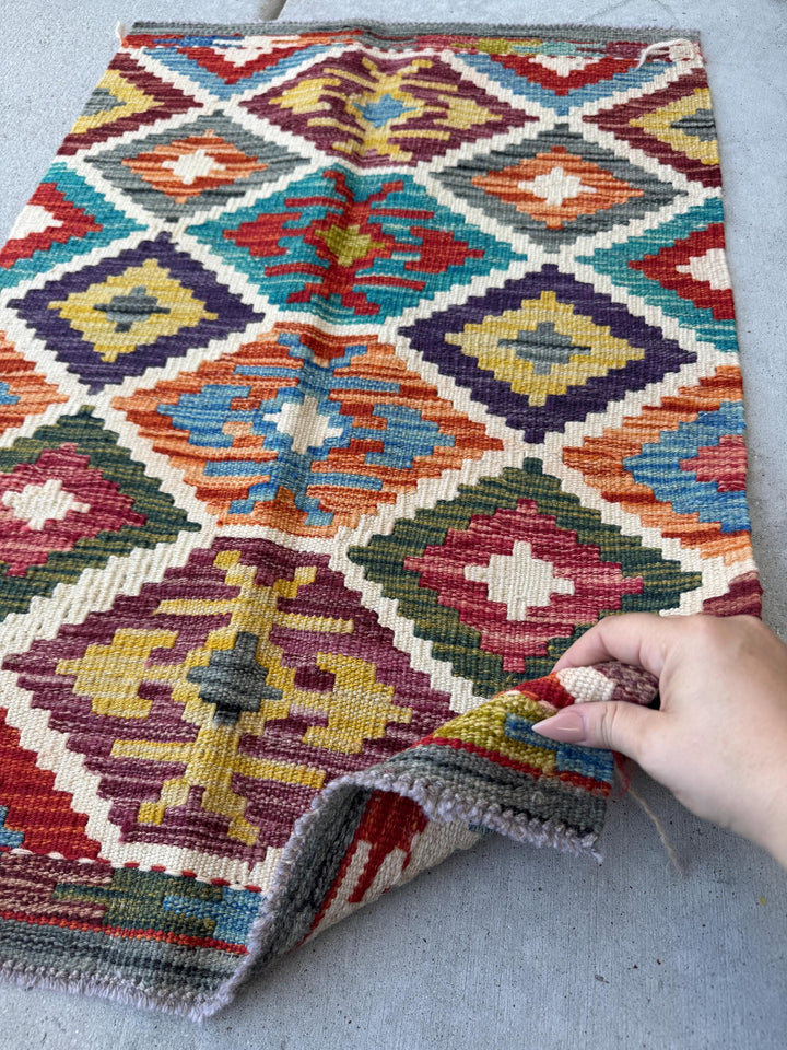 2x3 Handmade Afghan Kilim Rug | Cream Beige White Burnt Orange Moss Green Maroon Rust Red Teal Aqua Mustard Yellow Charcoal Grey Denim Blue
