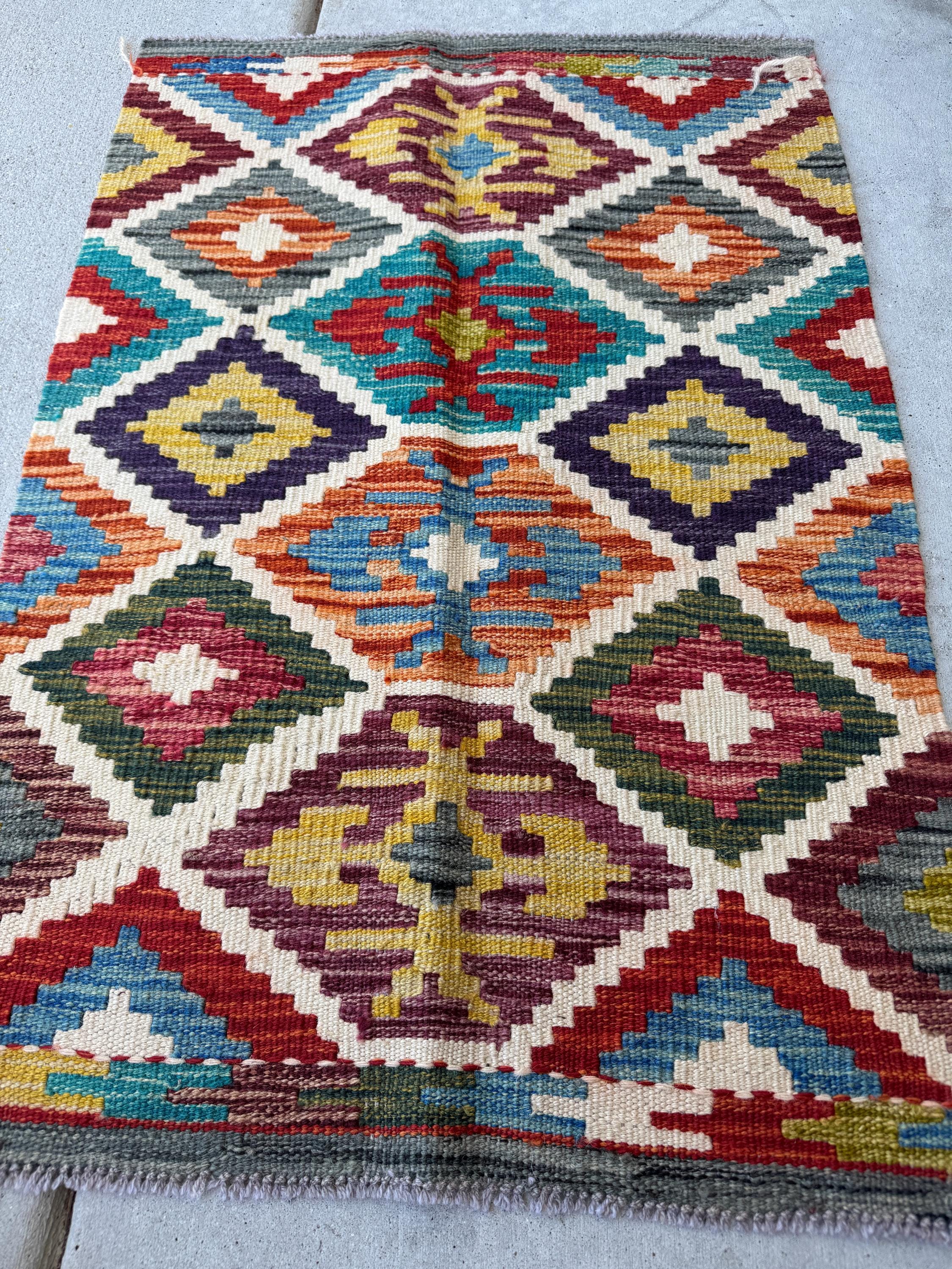 2x3 Handmade Afghan Kilim Rug | Cream Beige White Burnt Orange Moss Green Maroon Rust Red Teal Aqua Mustard Yellow Charcoal Grey Denim Blue
