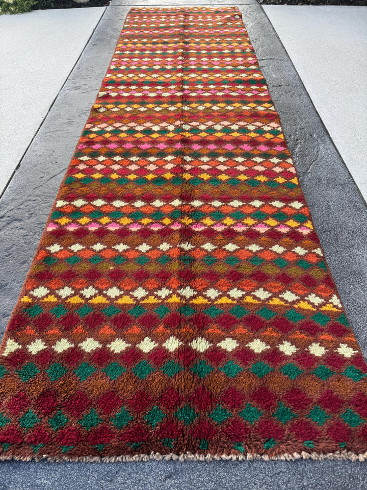 3x10 Handmade Vintage Afghan Baluch Runner Rug | Chocolate Brown Mint Forest Olive Green Rose Salmon Pink Burnt Orange Rust Red Mustard