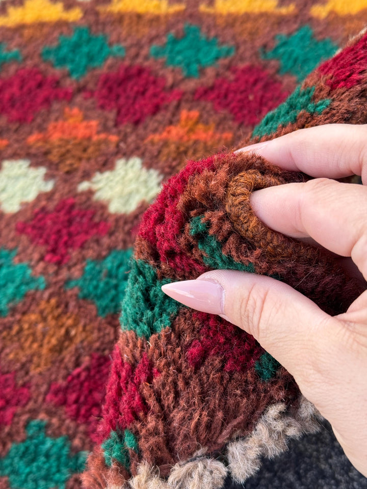 3x10 Handmade Vintage Afghan Baluch Runner Rug | Chocolate Brown Mint Forest Olive Green Rose Salmon Pink Burnt Orange Rust Red Mustard