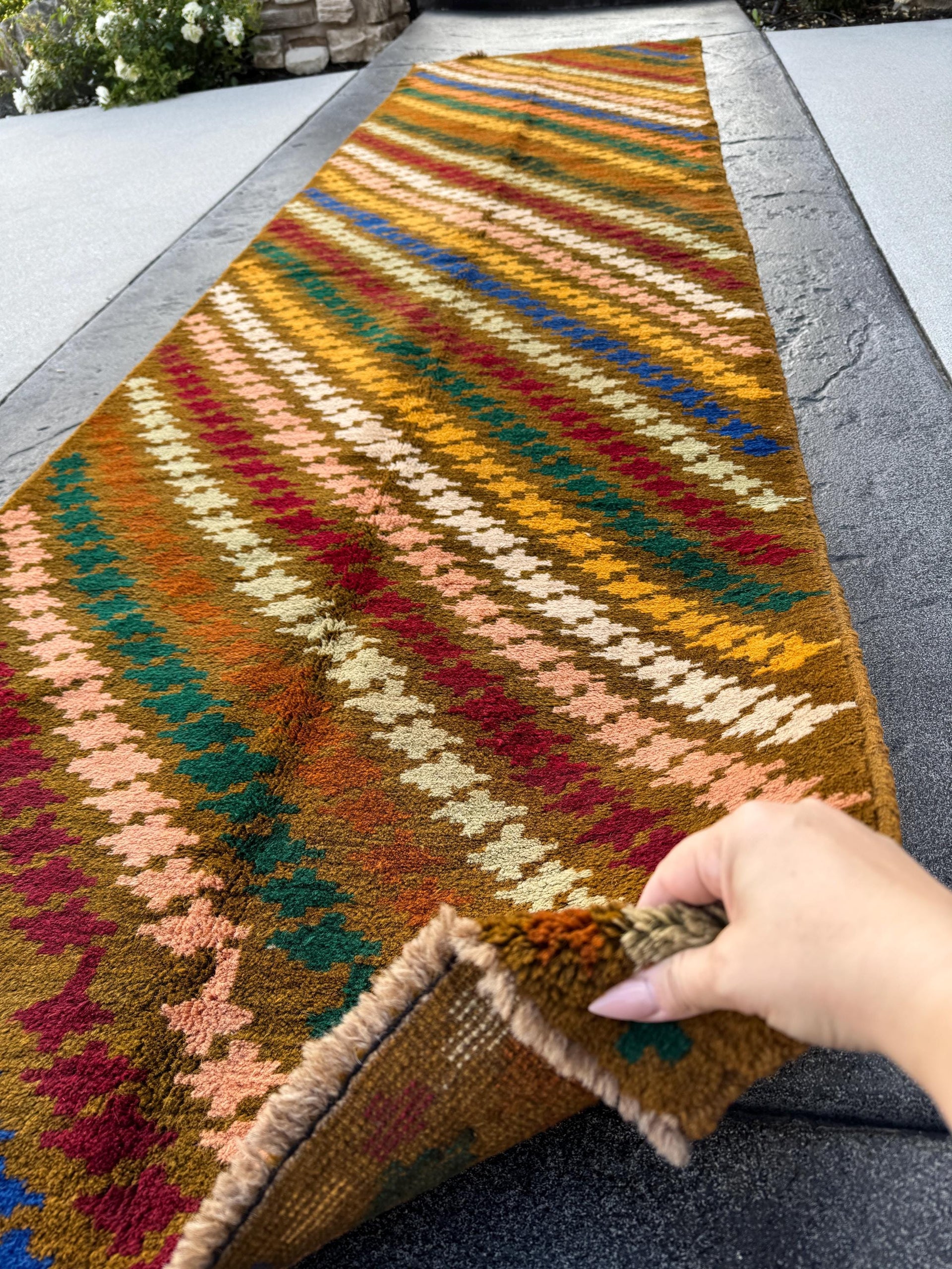 3x10 Handmade Vintage Afghan Baluch Runner Rug | Chocolate Brown Forest Olive Green Rose Salmon Pink Orange Rust Red Mustard Blue Grey