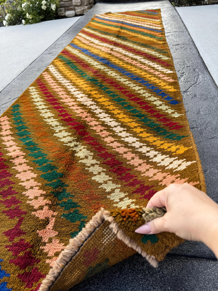 3x10 Handmade Vintage Afghan Baluch Runner Rug | Chocolate Brown Forest Olive Green Rose Salmon Pink Orange Rust Red Mustard Blue Grey