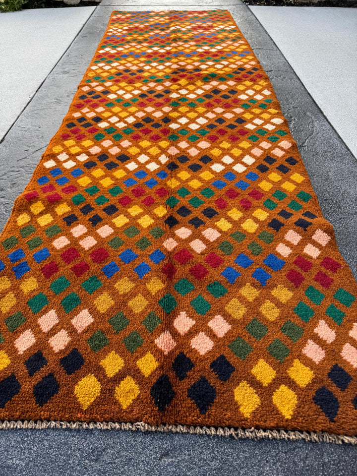 3x10 (90x305) Handmade Vintage Afghan Baluch Runner Rug | Chocolate Mustard Yellow Black Rose Pink Forest Green Gold Cream White Blood Red