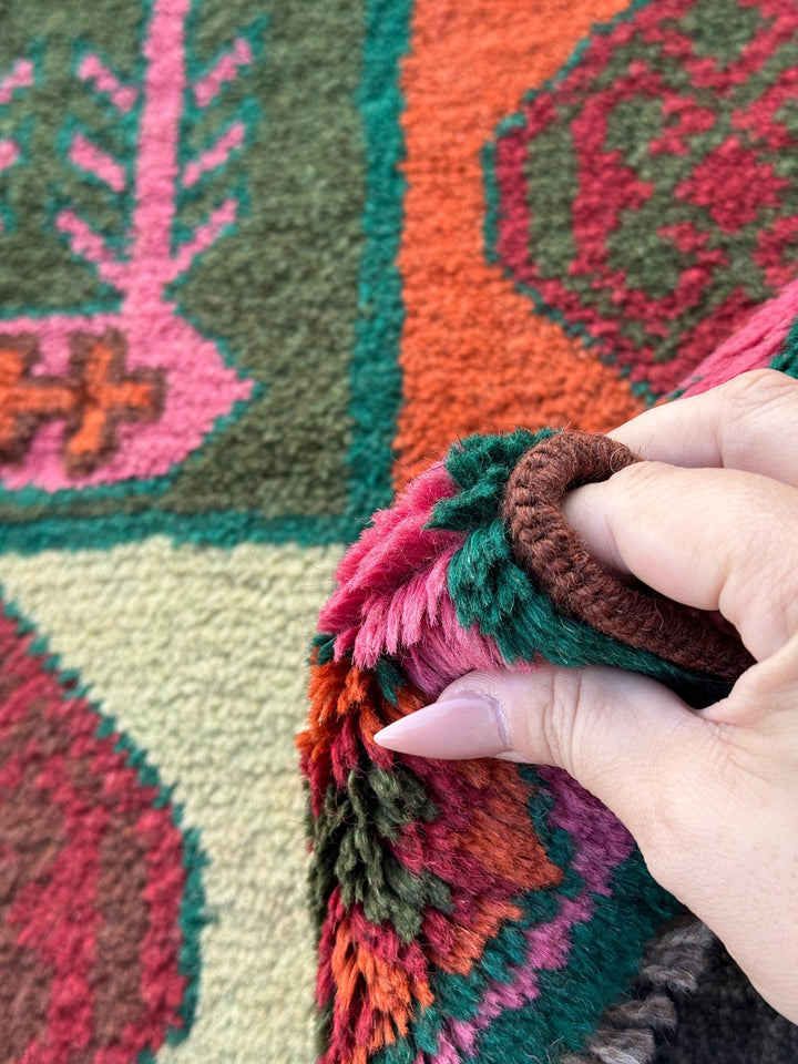 3x9 (90x275) Handmade Vintage Afghan Baluch Runner Rug | Forest Green Rose Pink Burnt Orange Cream Beige White Chocolate Blood Red Olive