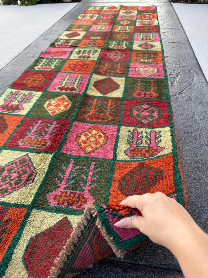 3x9 (90x275) Handmade Vintage Afghan Baluch Runner Rug | Forest Green Rose Pink Burnt Orange Cream Beige White Chocolate Blood Red Olive