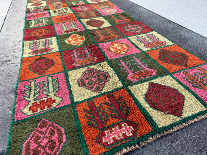 3x9 (90x275) Handmade Vintage Afghan Baluch Runner Rug | Forest Green Rose Pink Burnt Orange Cream Beige White Chocolate Blood Red Olive