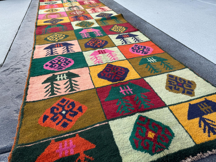 3x10 Handmade Vintage Afghan Baluch Runner Rug | Forest Green Rose Pink Chocolate Mocha Midnight Blue Cream White Beige Burnt Orange Mustard