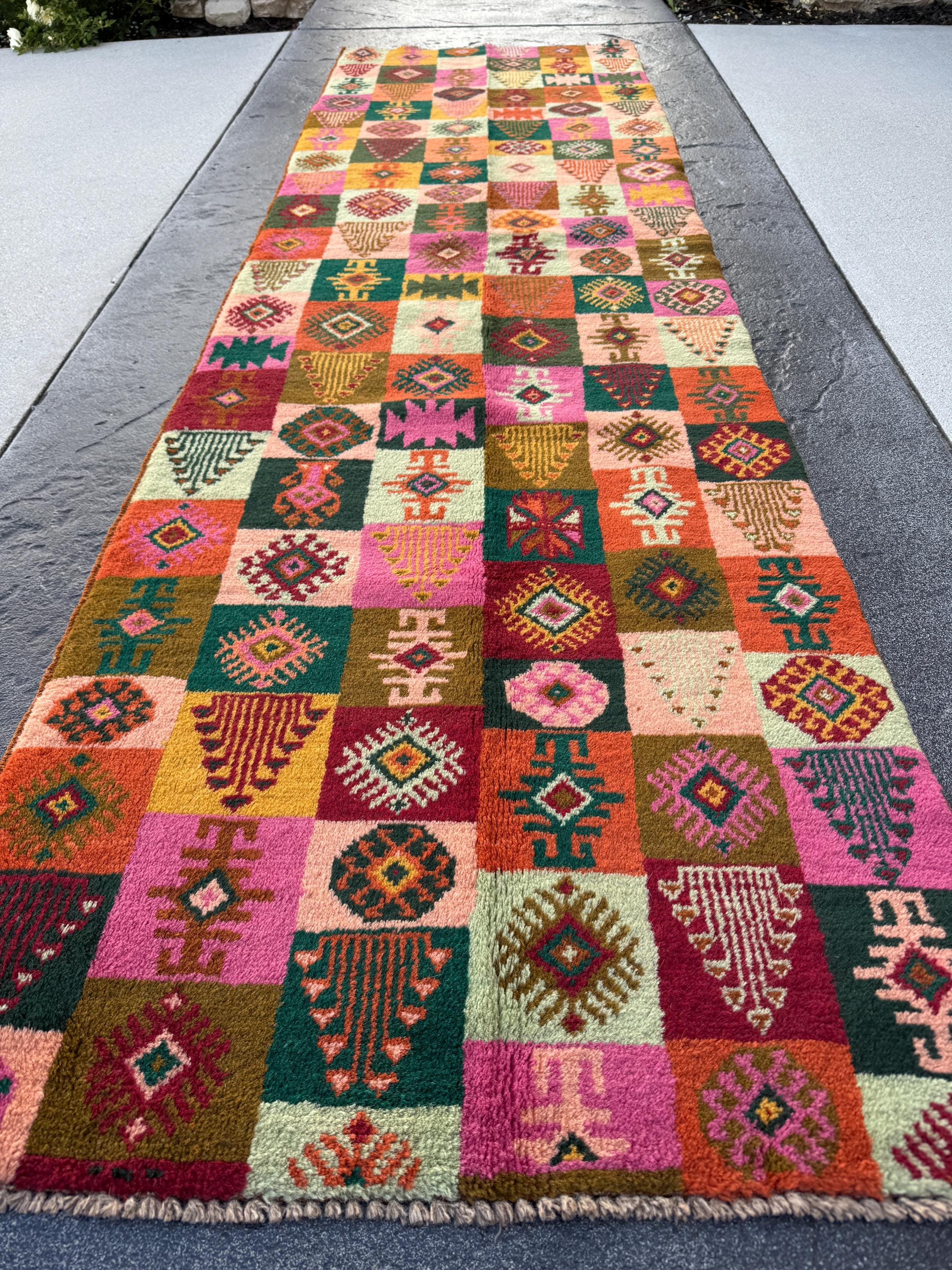 3x10 (90x305) Handmade Vintage Afghan Baluch Runner Rug | Forest Green Burnt Orange Chocolate Brown Rose Salmon Pink Brick Red Gold Mint