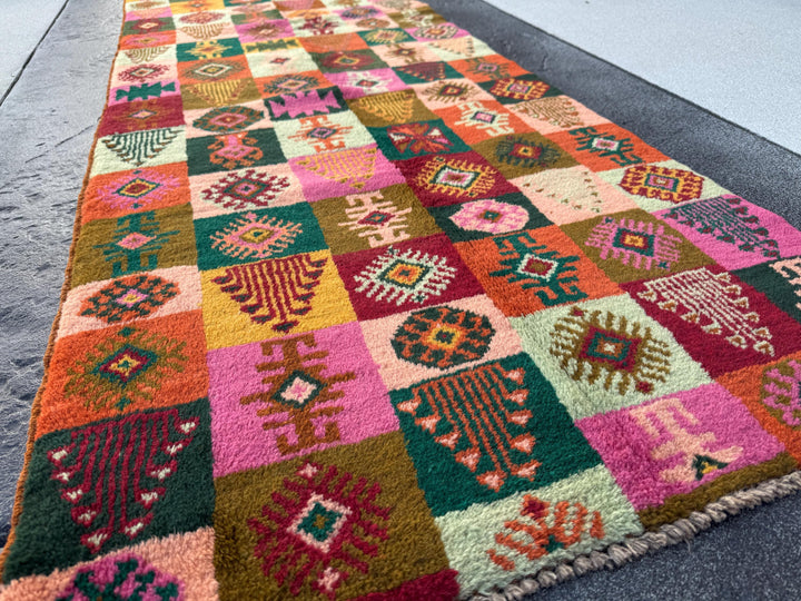 3x10 (90x305) Handmade Vintage Afghan Baluch Runner Rug | Forest Green Burnt Orange Chocolate Brown Rose Salmon Pink Brick Red Gold Mint
