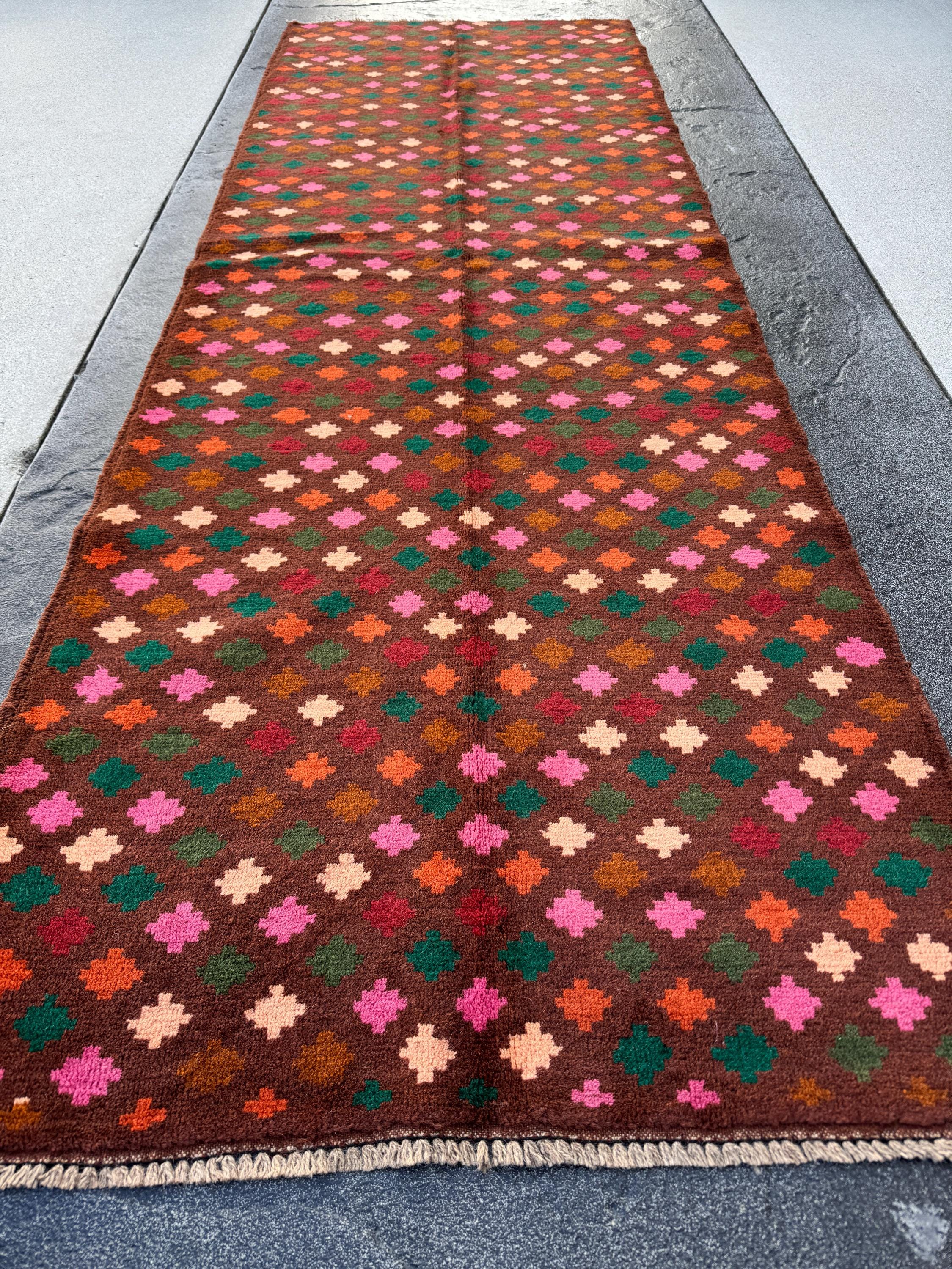 3x9 (90x275) Handmade Vintage Afghan Baluch Runner Rug | Chocolate Brown Forest Moss Green Rose Salmon Pink Burnt Orange Brick Red | Wool