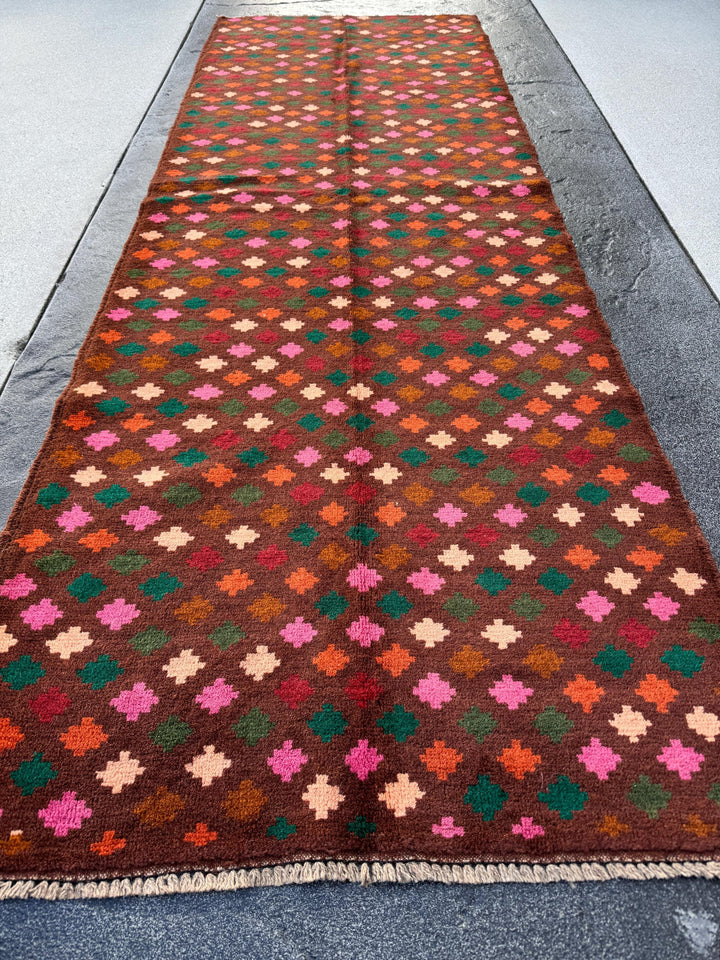 3x9 (90x275) Handmade Vintage Afghan Baluch Runner Rug | Chocolate Brown Forest Moss Green Rose Salmon Pink Burnt Orange Brick Red | Wool
