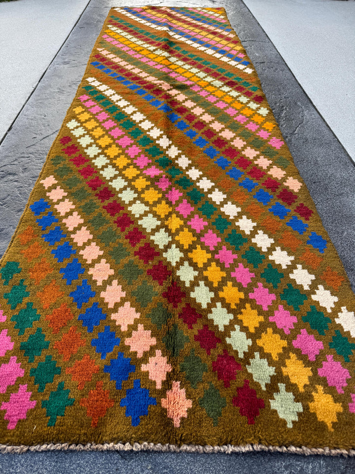 3x10 Handmade Vintage Afghan Baluch Runner Rug | Moss Green Brick Red Rose Salmon Pink Mint Forest Gold Cream White Chocolate Brown Blue
