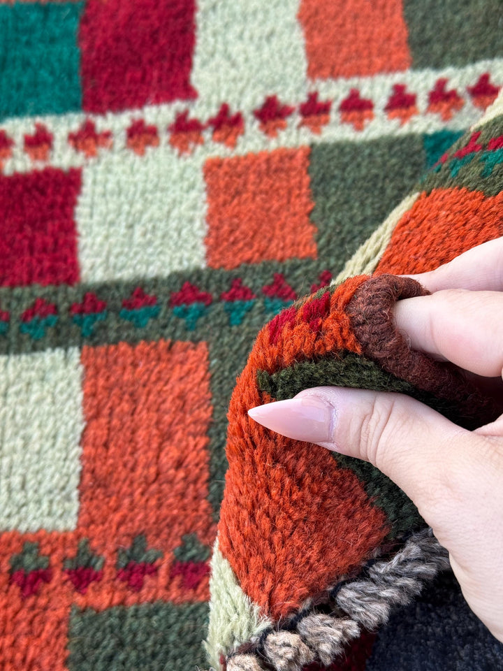 3x10 Handmade Vintage Afghan Baluch Runner Rug | Forest Pine Green Burnt Orange Brick Red Cream White Rose Pink | Wool Flatwoven