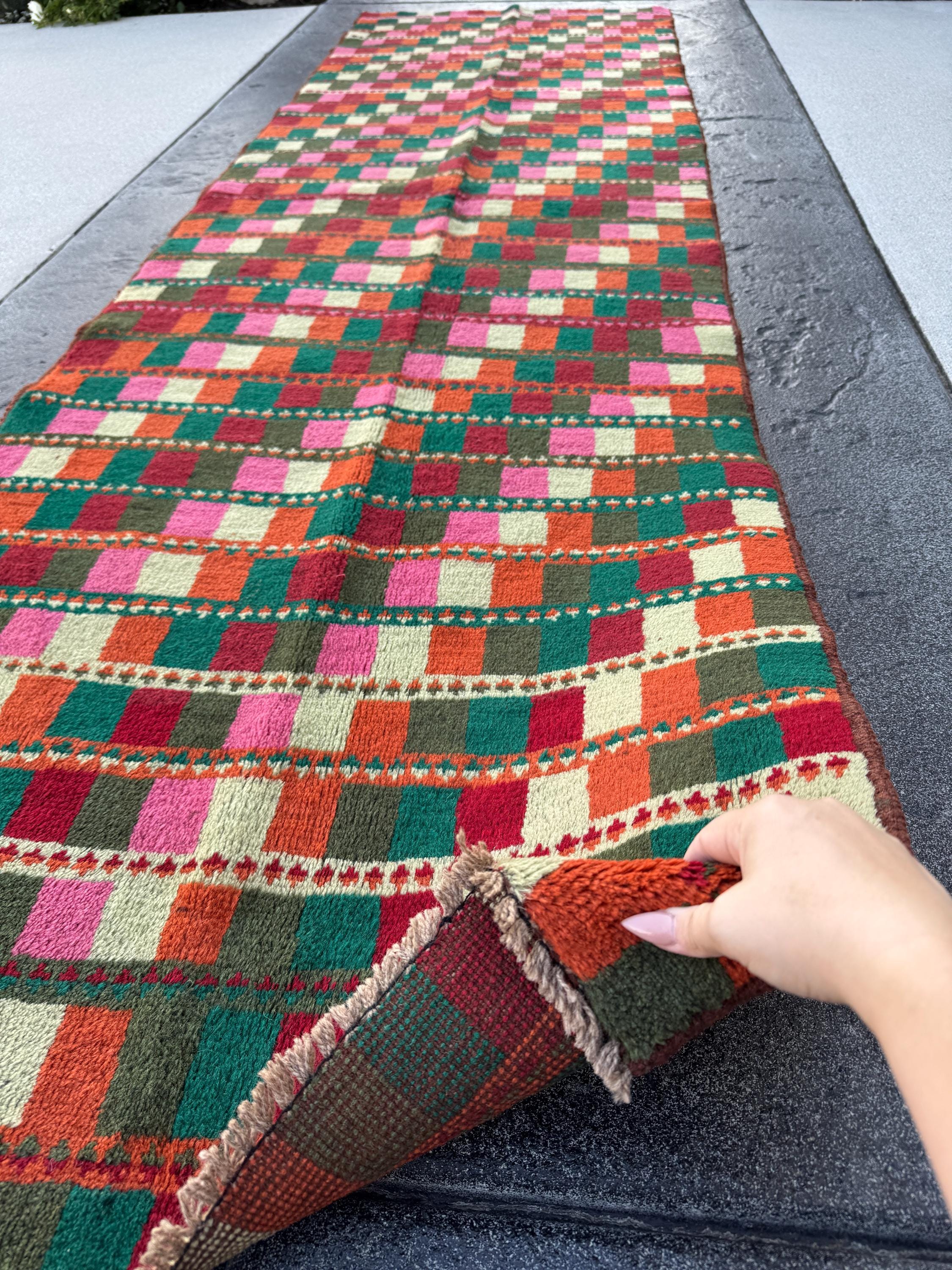 3x10 Handmade Vintage Afghan Baluch Runner Rug | Forest Pine Green Burnt Orange Brick Red Cream White Rose Pink | Wool Flatwoven