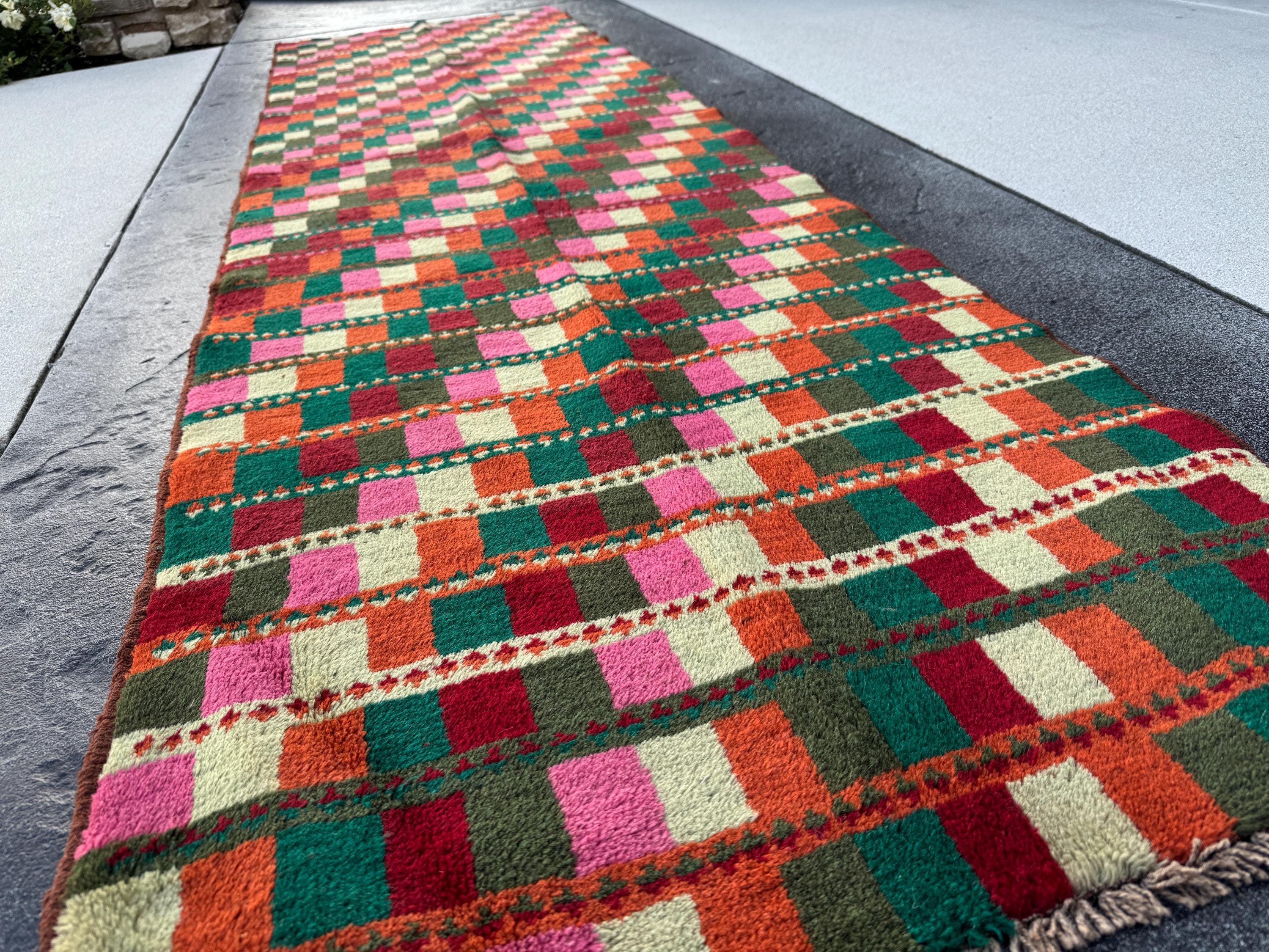 3x10 Handmade Vintage Afghan Baluch Runner Rug | Forest Pine Green Burnt Orange Brick Red Cream White Rose Pink | Wool Flatwoven