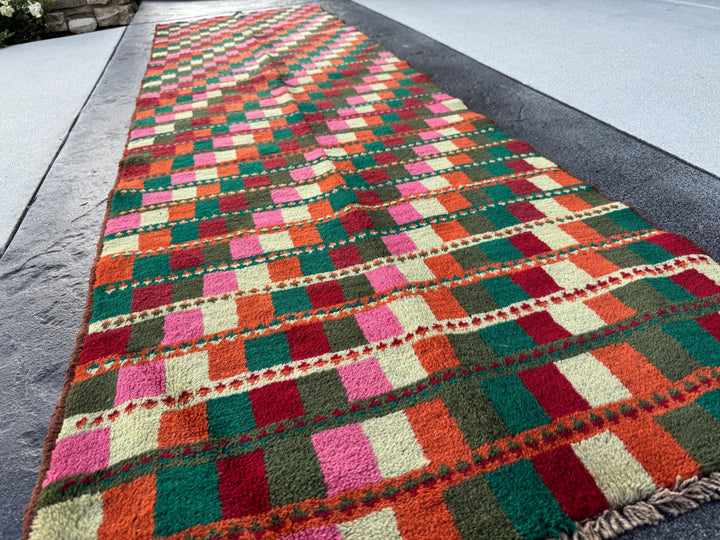 3x10 Handmade Vintage Afghan Baluch Runner Rug | Forest Pine Green Burnt Orange Brick Red Cream White Rose Pink | Wool Flatwoven