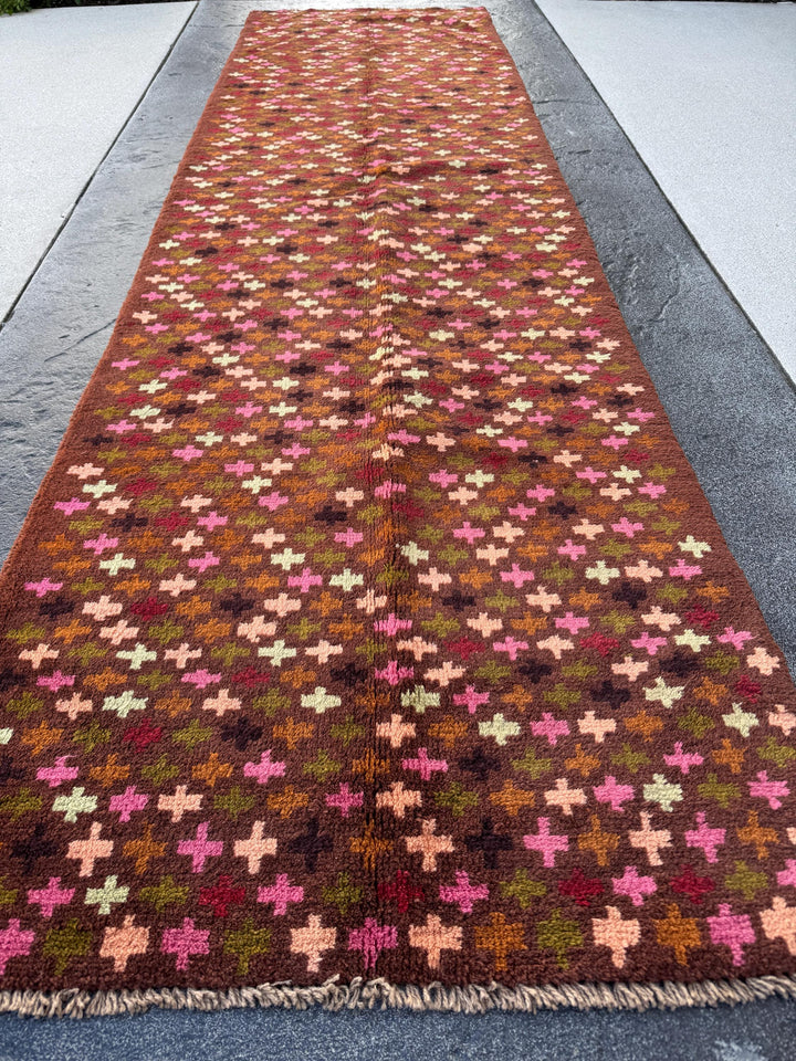 3x10 (90x305) Handmade Vintage Afghan Baluch Runner Rug | Chocolate Brown Rose Salmon Pink Pine Green Mocha Cream White Coffee | Flatwoven