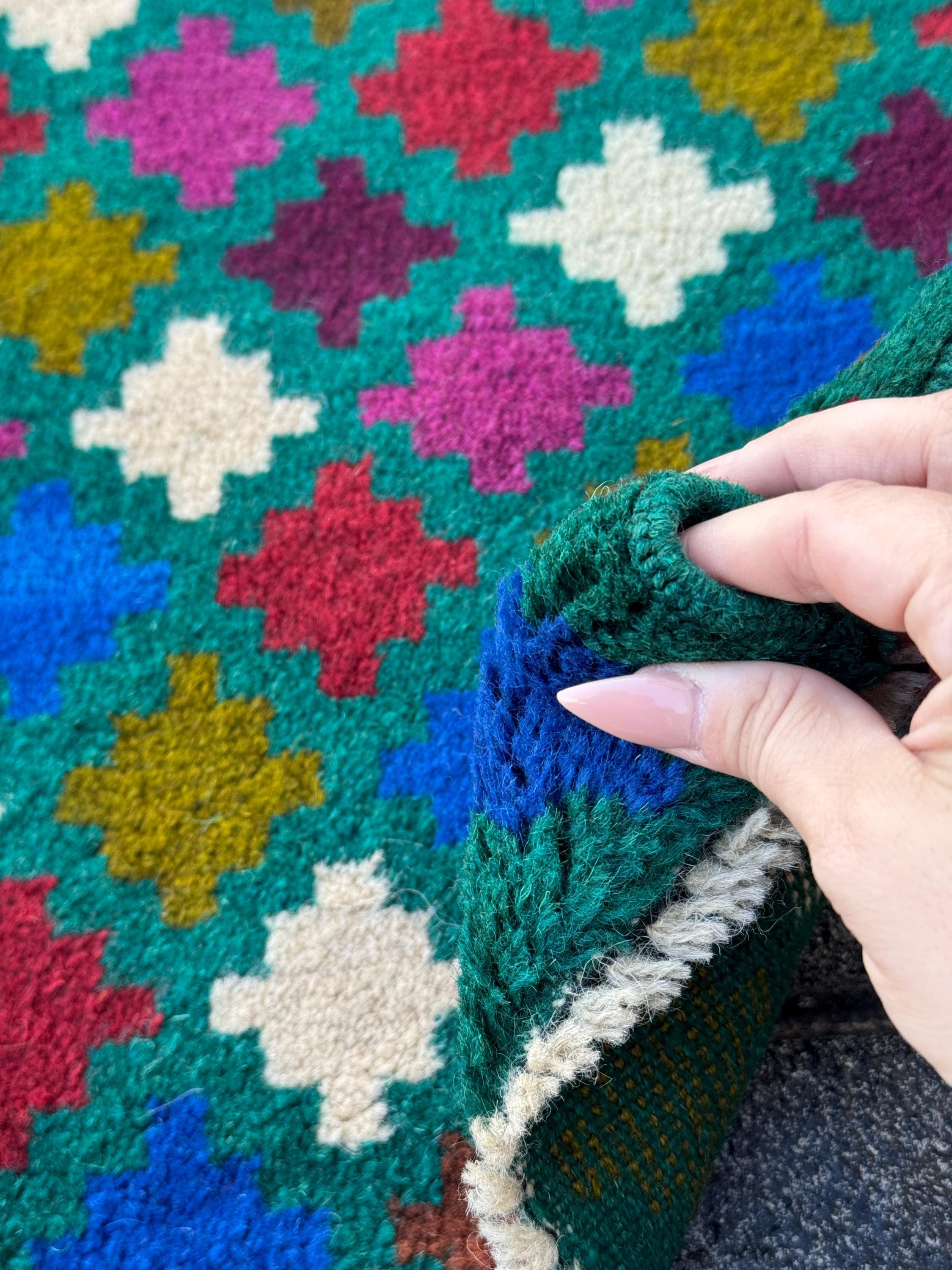 3x10 (90x305) Handmade Vintage Afghan Baluch Runner Rug | Pine Forest Green Purple Cream White Brick Red Burnt Orange Moss Blue Maroon