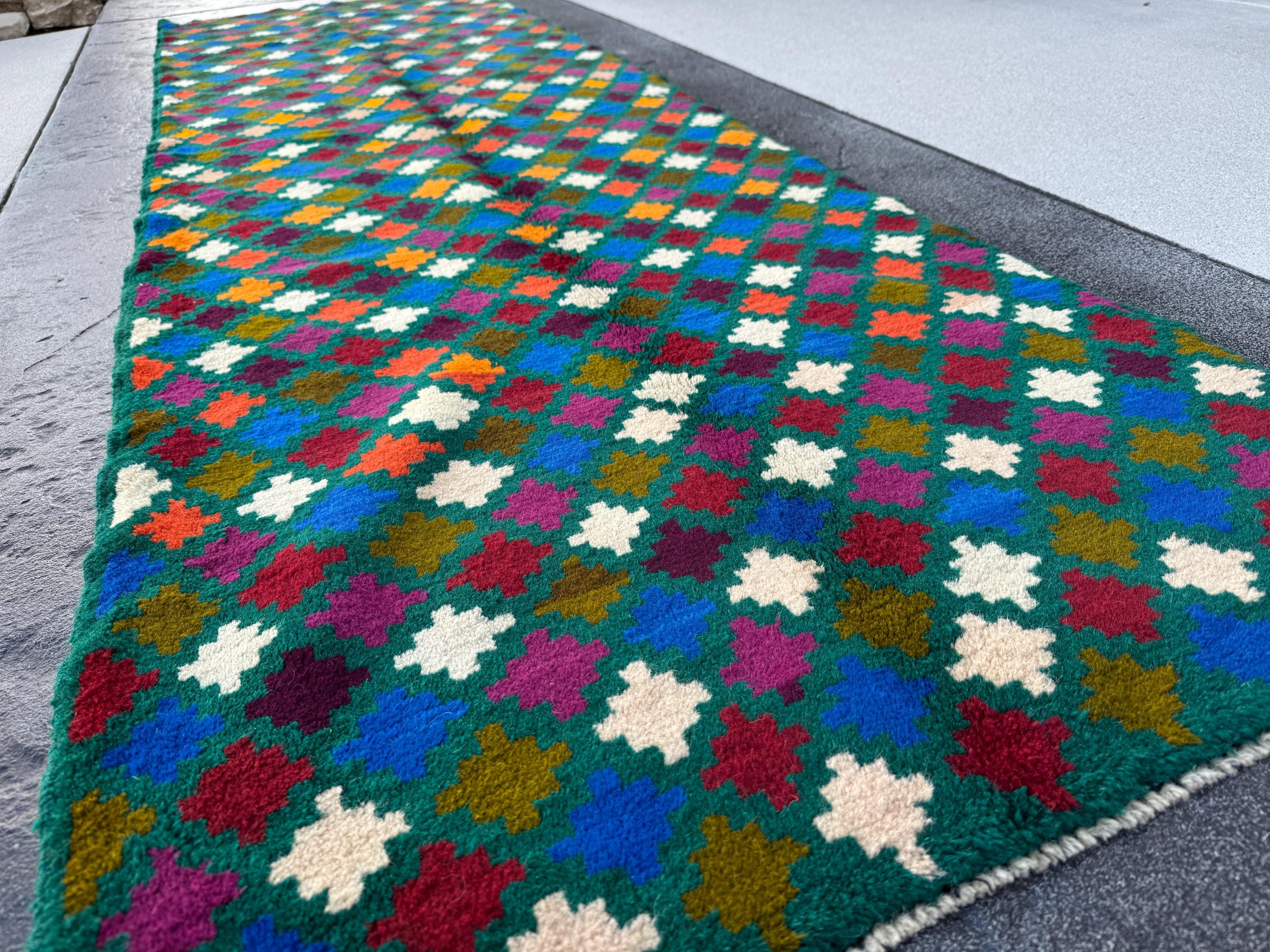 3x10 (90x305) Handmade Vintage Afghan Baluch Runner Rug | Pine Forest Green Purple Cream White Brick Red Burnt Orange Moss Blue Maroon