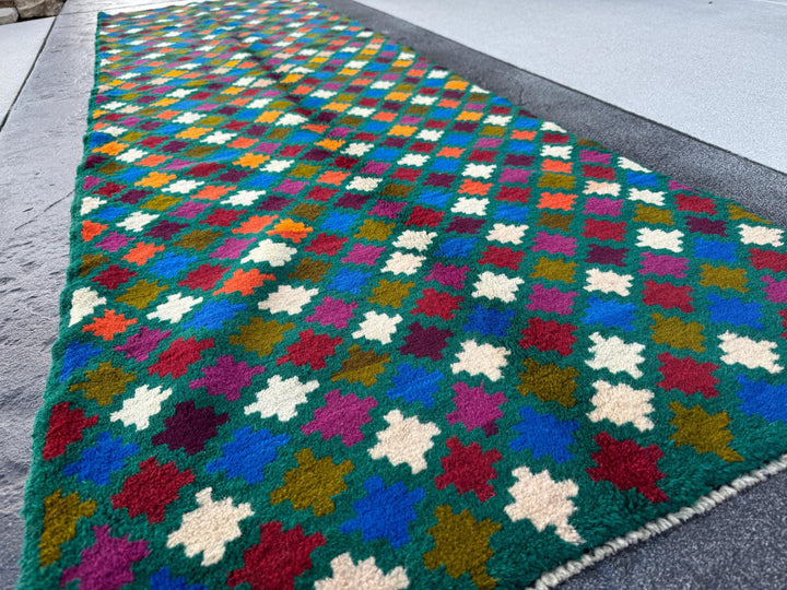 3x10 (90x305) Handmade Vintage Afghan Baluch Runner Rug | Pine Forest Green Purple Cream White Brick Red Burnt Orange Moss Blue Maroon